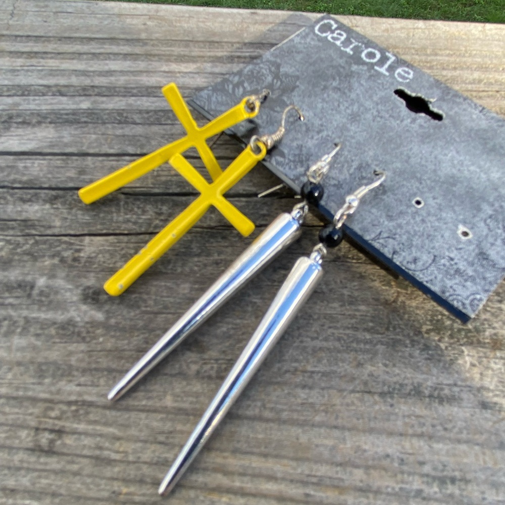 Large drop earrings yellow cross Silver spikes New with tags